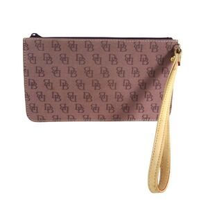Dooney & Bourke Monogram Wristlet Pouch Purple Tan Coated Canvas Zip Clutch